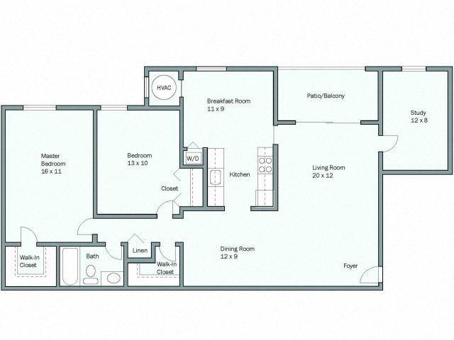 Floor plan for 2 beds, 1 bath, 1197 sqft